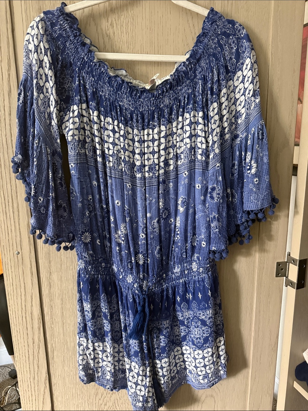 RAGA White and Blue Smocked Neckline Boho Top